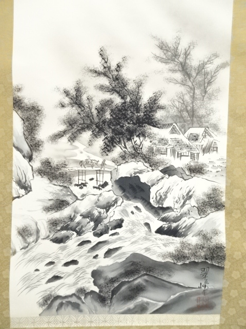 西 峰 筆 絹本水墨山水画 肉筆 軸先木製 道具 ] - 道具 元舟筆 水墨山水 肉筆絹本掛軸（共箱） | ネット
